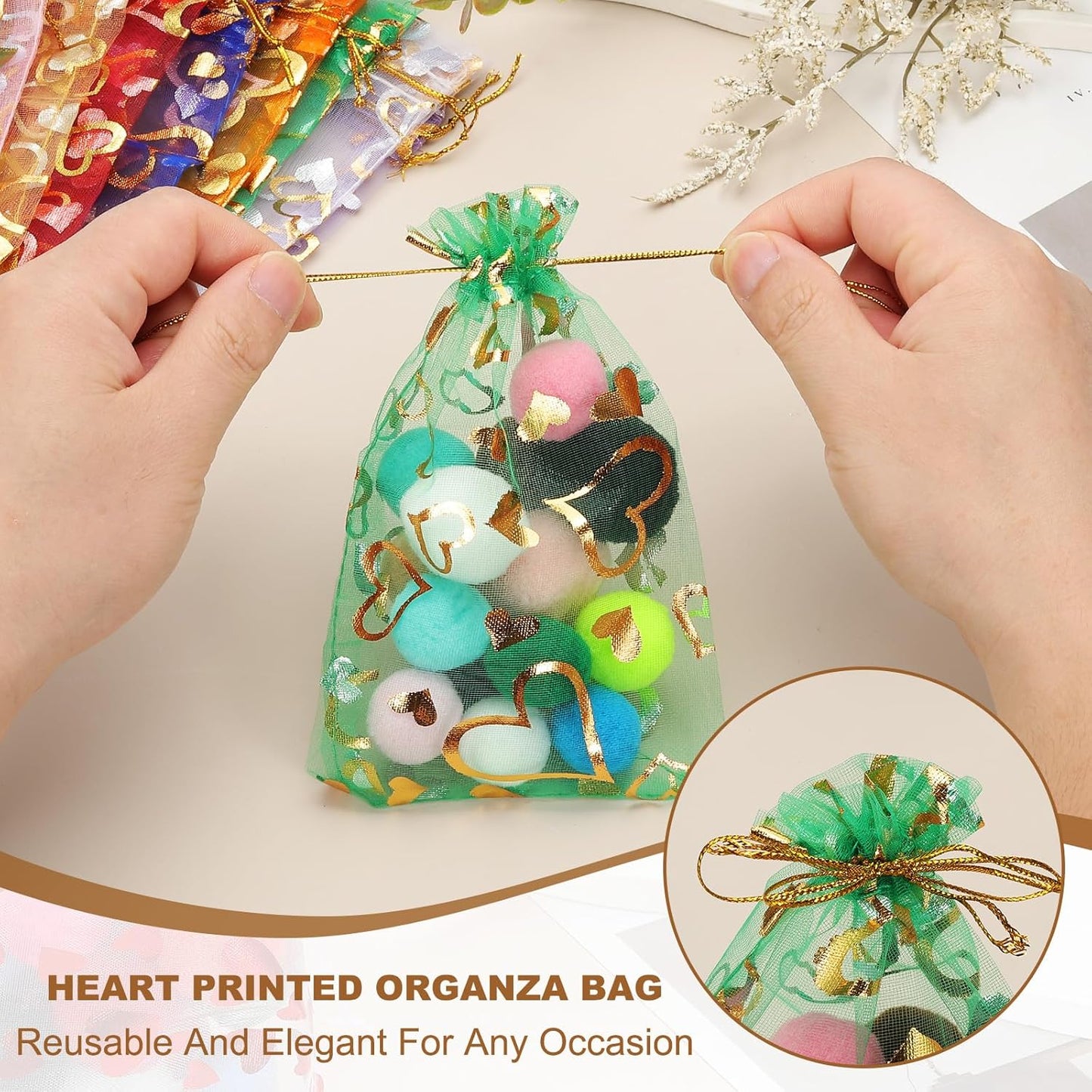 PATIKIL 100 Pcs 4x6 Inch Heart Printed Organza Bags, Green Sheer Heart Organza Bags with Drawstring for Christmas Candy Jewelry Party Wedding Favor Gift