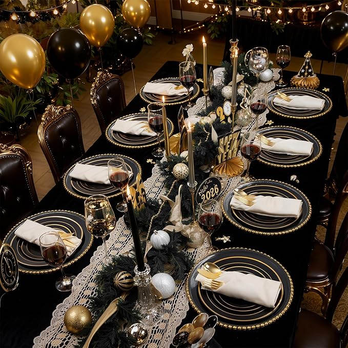 WDF 200PCS Black and Gold Plastic Plates - Black Plates Disposable for Party - Heavy Duty Plastic Plate for Wedding/Party/Birthday/Graduation