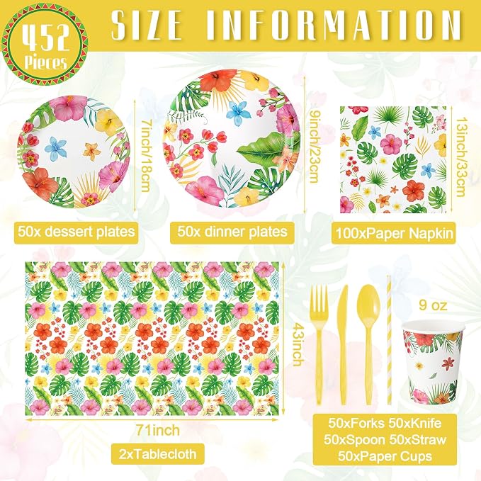 Vesici 452 Pcs Tropical Luau Party Supplies Set for 50 Guests Include 9'' 7'' Paper Plates 9 oz Cups Napkins Tablecloths Forks Spoons Straws for Aloha Hawaiian Hibiscus Flower Birthday Decorations