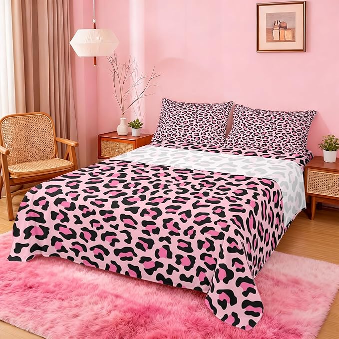 Castle Fairy African Cheetah Wildlife Fur Bed Sheet King Set,Wild Animal Skin Luxury Sheet Sets Adults Room Decoration,Pink Leopard Print Bedding Set with Flat,Fitted Sheet,2 Pillow Cases