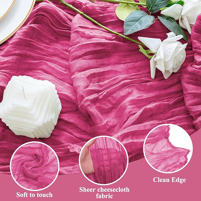 6PCS Table Runner Cheesecloth 10FT Deep Pink Boho Gauze Cheese Cloth Rustic Sheer Table Runners for Wedding Birthday Bridal Baby Shower Party Decoration