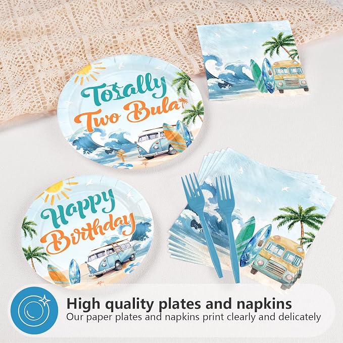 96Pcs Summer Surfing 2nd Birthday Party Decoration Totally Two Bular Plates and Napkins Vintage Surfing Birthday Tableware Set for Boys Summer Swimming Pool Hawaii Party Supplies, Serves 24