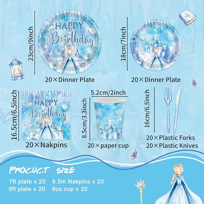 120 PCS Frozen Birthday Party Supplies Frozen Princess Themed Party Decorations for Kids Birthday for 20 Guests