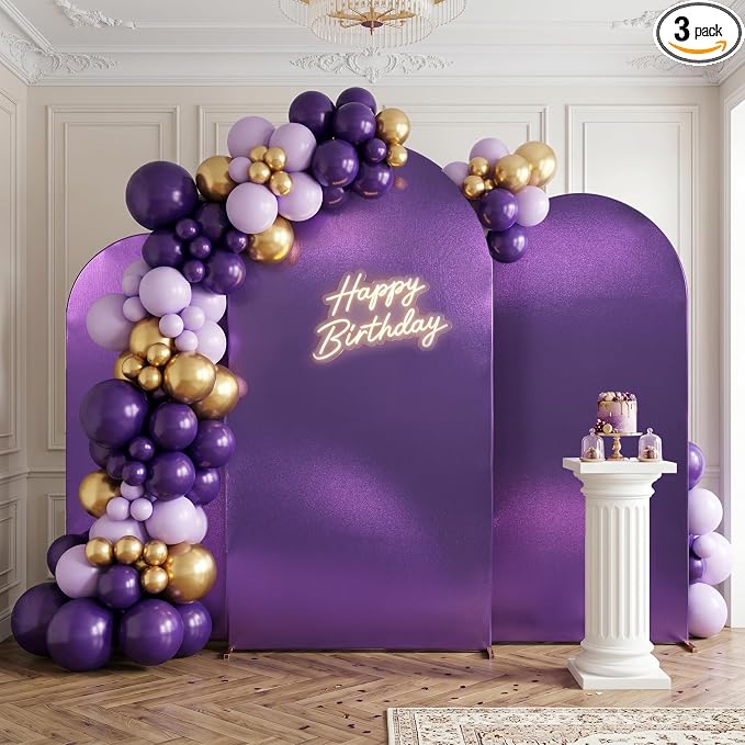 Shimmer Purple Arch Backdrop Cover Set of 3 (6 6.6 7.2FT) with Zipper,Thick Soft Stretchy Sequin Glitter Spandex Fitted Chiara Cover for Wedding Birthday Baby Shower Graduation Party Photo Backdrop