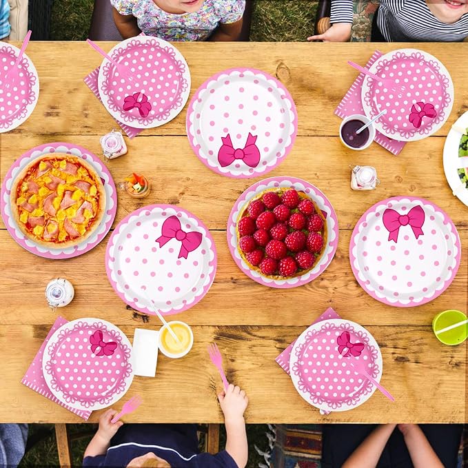 Grencian 96Pcs Pink Cat Party Decorations Pink Bow Cat Plates and Napkins Disposable Cute Cats Paper Tableware Set for Girls Baby Bridal Shower Birthday Wedding Party Supplies, Serves 24