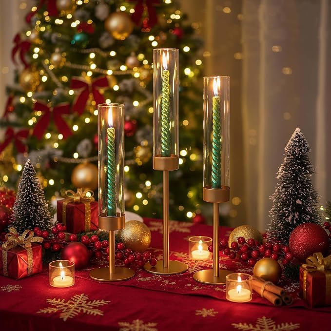 POKINE Tall Candle Holders Set of 3, Hurricane Glass Taper Candlestick Holders for Wedding, Christmas Decor, Dining Table, Party Centerpieces