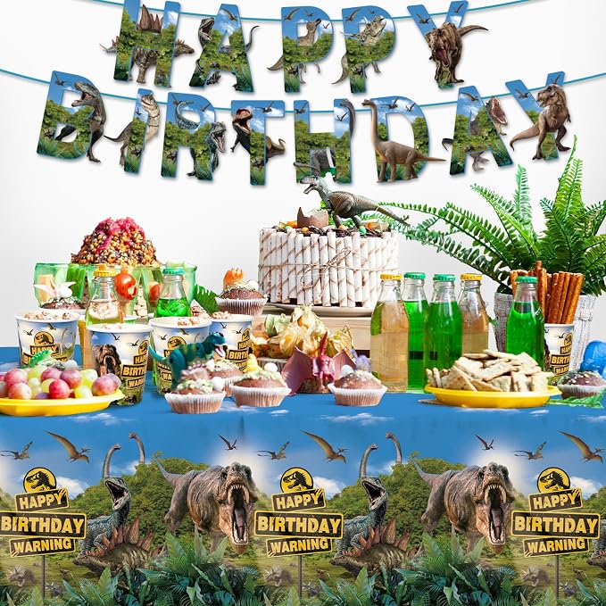 Dinosaur Birthday Party Supplies Disposable Paper Plates Napkins Cups Tablecloth and Banner for Dinosaur Party Decorations , Serve 25