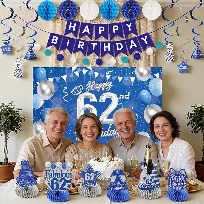 Happy 62nd Birthday Party Decoration: Including Birthday Banner Backdrop, Party Table Centerpieces and Hanging Swirl Party Streamers, Birthday Decor for Men and Women (Blue, 62nd Birthday)