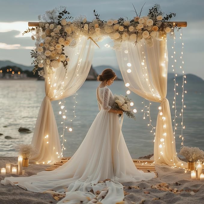 Fomcet Tulle Backdrop Curtains Champagne 30FT X 8FT Tulle Curtains with Lights String Sheer Backdrop Curtain for Parties Wedding Baby Shower Photo Shoot Decorations (6 Panels 5x8FT)
