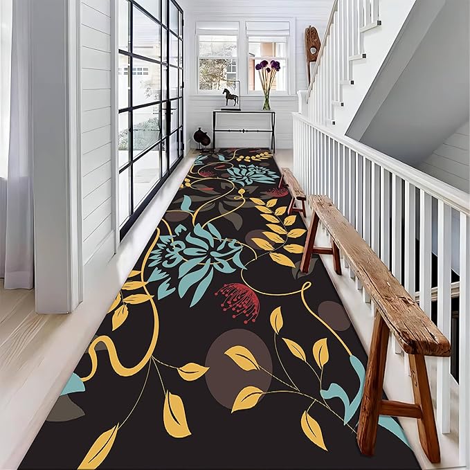 Floral Runner Rug, 2x6ft, Bohemian Vintage Plant Hallway Rug, Colorful Leaves Flowers Design With Non-Slip Rubber Backing, Washable Non-Shedding Long Runner Rug for Living Room Bedroom Kitchen