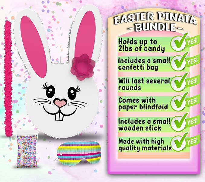 Jergrim Girl Easter Bunny Piñata Bundle 17”x11”x 3” with stick, blindfold and a small confetti bag Perfect for Easter Sunday Celebration, Bunny Theme Parties, Party Décor