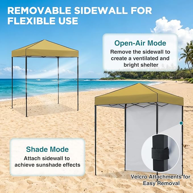 EAGLE PEAK 6x4 Instant Pop Up Canopy Tent with 1 Side Wall Panel, Straight Leg Sun Shelter, Portable Canopy with Carry Bag for Camping, Beach & Sports, Beige