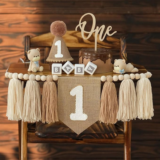 Boho Nude 1st Birthday Highchair Wood Bead Tassel Garland Conical Cap Wooden Cake Topper For Boys