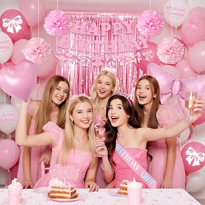 Pink Bow Birthday Decorations, Coquette Party Supplies with Balloons, Fringe Curtain, Birthday Sash, Pink Hair Bow, Tablecloth, Banner, Paper Pompoms, Cake Topper for Women Girls Bday Party Decor