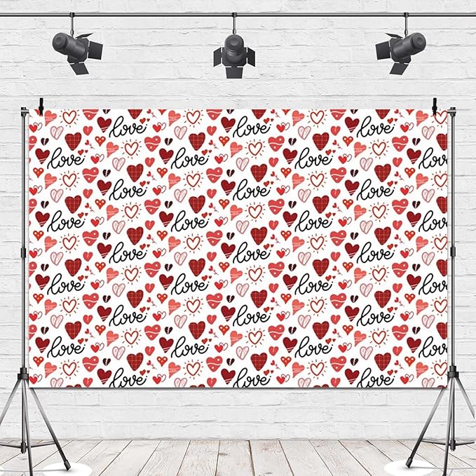 12x6ft Vinyl Valentines Backdrop White and Red Love Heart Photography Background Engagement Bridal Happy Valentine's Day Party Decorations Photo Props