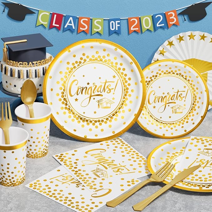 Ecomore 2026 Graduation Party Decoration - 350 PCS White Gold Grad Supplies Disposable Dinnerware (Severs 50) w/Congrats Paper Plates Napkin Cup Plastic Cutlery for College High School Class of 2026