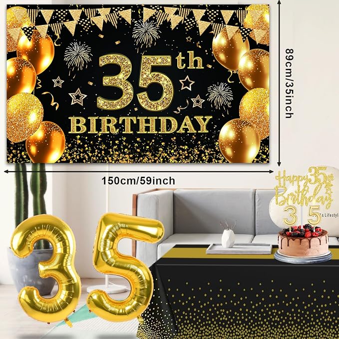 35th Birthday Decorations for Men Women with 35th Birthday Banner, Black and Gold Table Cloth, Number Balloons, Large Sash, Cake Topper and Candles