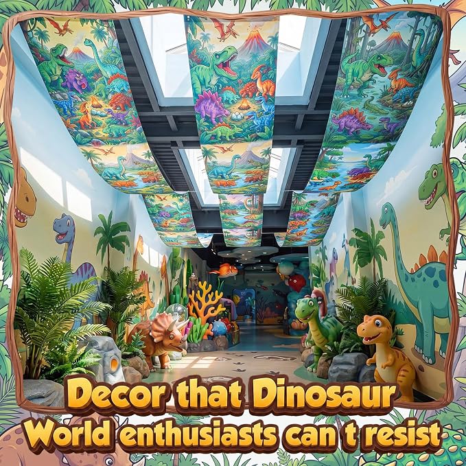 Gilprop 3 Pcs Dinosaur Themed Ceiling Decorations, 2 x 12 ft Hanging Fabric Ornaments, Prehistoric Style Party Supplies for Birthday Baby Shower Classroom Photo Backdrop & Various Events