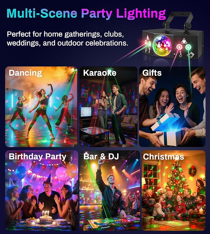Disco Party Lights Laser DJ Light with Sound Activated Support DMX512 Stage DJ Party Disco Lighting with Remote Control for Xmas Club Parties Birthday Christmas Wedding