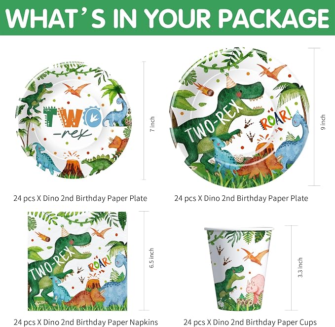Srua Don Dinosaur 2nd Birthday Party Supplies For Boy, Dino Two Rex Birthday Decorations, Disposable Paper Plates, Cups, Napkins, Tablecloth, Cutlery, Swirls, Banner, Serves 24
