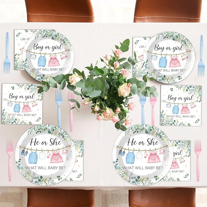 96Pcs Greenery Gender Reveal Party Decorations for Boy or Girl Baby Shower Plates Napkins Tableware Gender Reveal Disposable Baby Clothes Theme Plates He or She Paper Party Supplies for 24 Guests