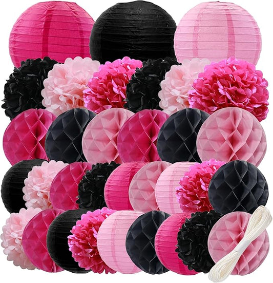 WOLHOWLTD Pink Mouse Paper Decoration Set - 33 Pcs Paper Lanterns, Pompoms, Honeycomb for WeddingValentine's Day,School Day,Bridal Shower,Birthday Party,Home Garden Decoration(Rosy Black Pink)