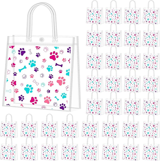 Supervitae 36 Pcs Colorful Dog Paw Bone Print Clear Favor Bags with Handle Reusable Plastic PVC Puppy Gift Bag Goodies Treats Totes for Pet Birthday Christmas Party Supplies, 8 x 8 x 3.15 Inch