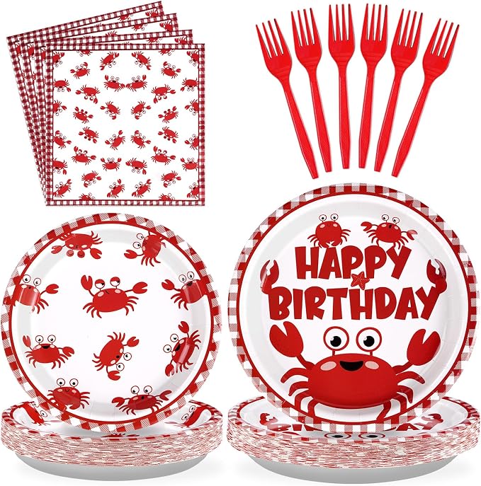 Grencian 96PCS Crab Birthday Party Decorations Crab Plates and Napkins Disposable Crabs Paper Tableware Set for Baby Shower Picnic BBQ Crabs Seafood Boil Birthday Party Supplies, Serves 24