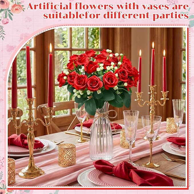 Zeyune 31 Pcs Rose Artificial Flowers with Vase Bulk for Table Centerpiece, 20 Bundles Fake Silk Roses 10 Plastic Clear Vase with 1 Pcs Rope Arrangement Decoration Wedding Home Party (Rose Red)