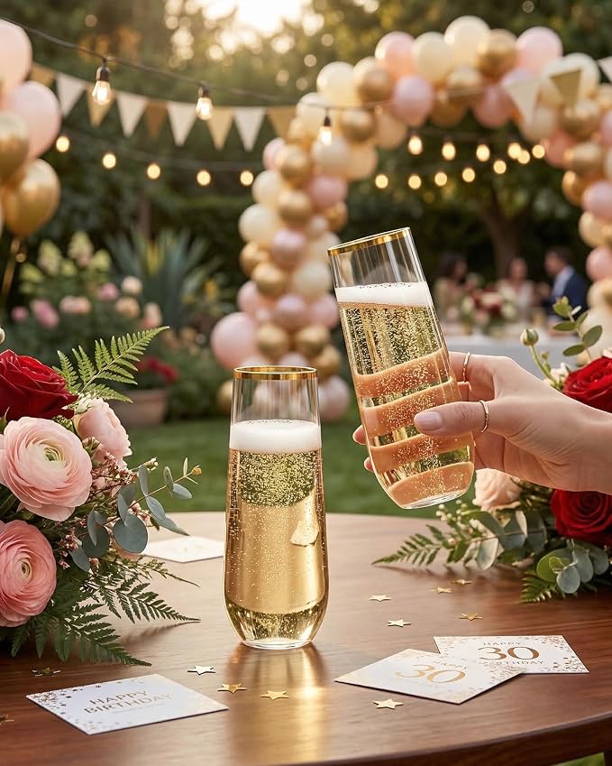 Ciaell 24 Pack Gold Plastic Champagne Flutes - 9 Oz Disposable Champagne Glasses - Stemless Mimosa Glass for Parties & Weddings & Birthdays
