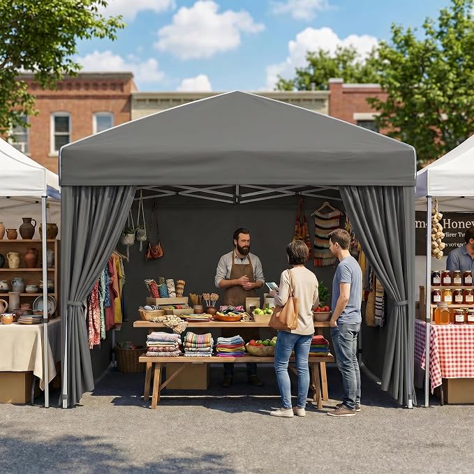 KIGOTY 10x10 FT Portable Pop Up Canopy Tent, Adjustable Height Instant Gazebo with Sidewalls, One-Push Setup Outdoor Canopy for Camping, Parties, Vendor Events (Grey with Reflective Strip, 3m × 3m)