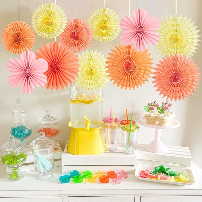 11 PCS Paper Flowers Decorations for Wall Orange Pink Paper Fans Floral Hanging Decoration for Backdrop Birthday Classroom Baby Shower Wedding Bridal Bachelorette Party Decor