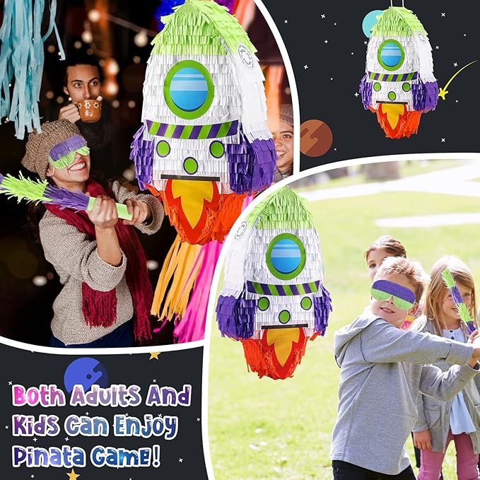 Libima Rocket Ship Piñata with Stick Blindfold Bat Confetti Spaceship Space Shuttle Piñata for Outer Rocket Space Astronaut Theme Birthday Party Supplies Decoration