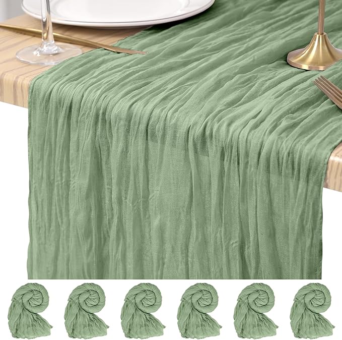 6 Pack Cheesecloth Table Runner Sage Green 10Ft Rustic Boho Gauze Table Runner Romantic Long Sheer Fabric Cheesecloth Table Runner for Wedding Festival Birthday Anniversary Dinner Outdoor Events