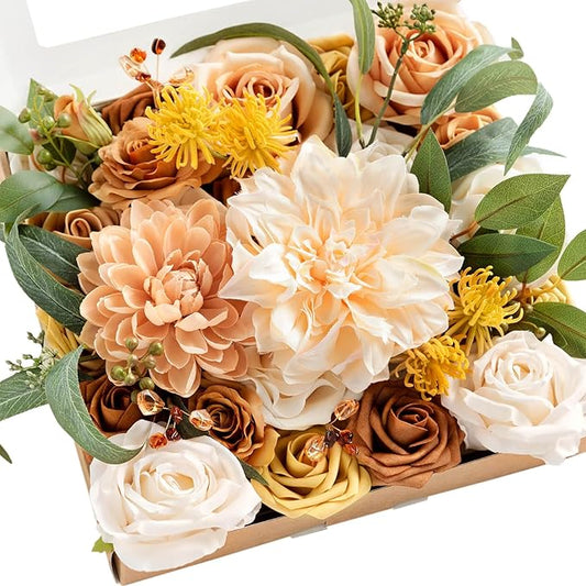 Ling's moment Terracotta Artificial Flowers Greenery Grand Box Set, Burnt Orange Dahlia Fake Flower for DIY Wedding Bridal Bouquet, Centerpieces Decor, Floral Arrangement Decor, etc.