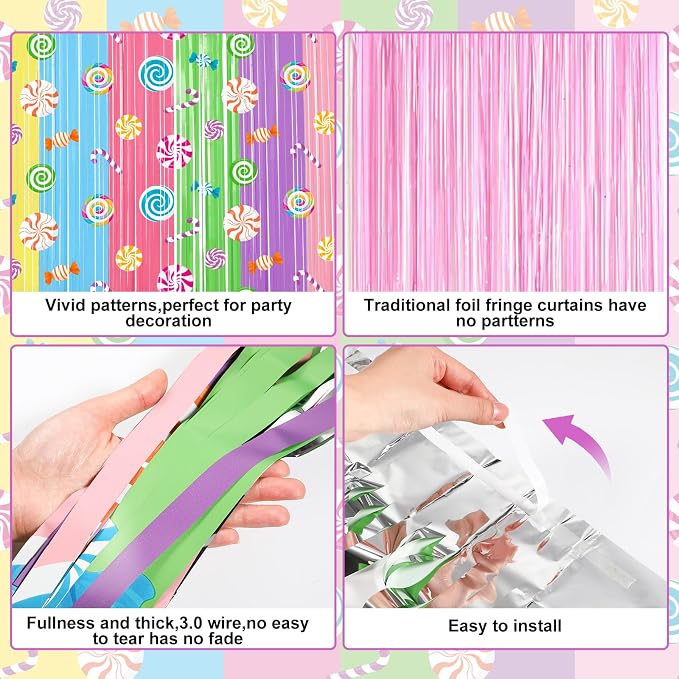 Blosssound 4 Packs Candyland Party Decorations 3.3 x 6.6 ft Candy Foil Fringe Curtain Dark Sweet Candy Tinsel Streamers for Lollipop Candyland Birthday Baby Shower Sweet Shop Party Decoration