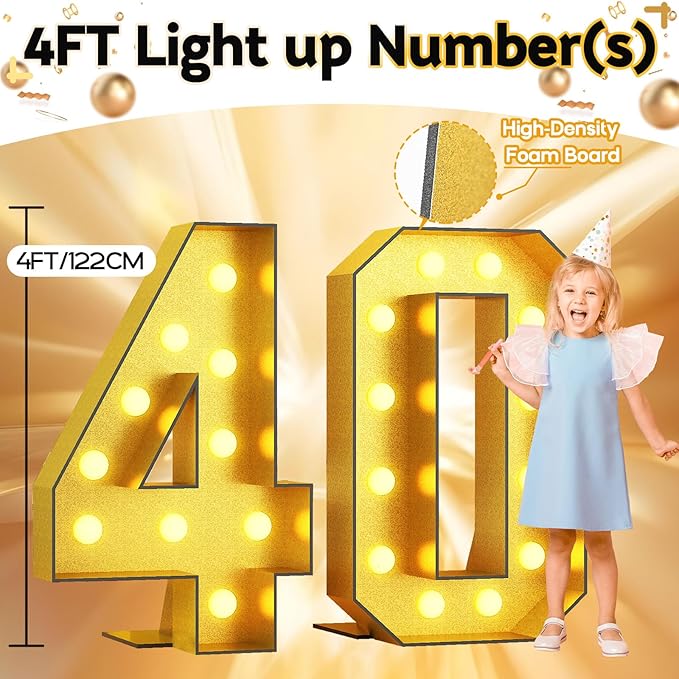 4FT Gold Large Light Up Numbers 40 Marquee Frame Mosaic Numbers for 40th Birthday, Giant Light Up Number DIY Frame Pre-Cut Foam Board Kit for Graduation Anniversary Decor