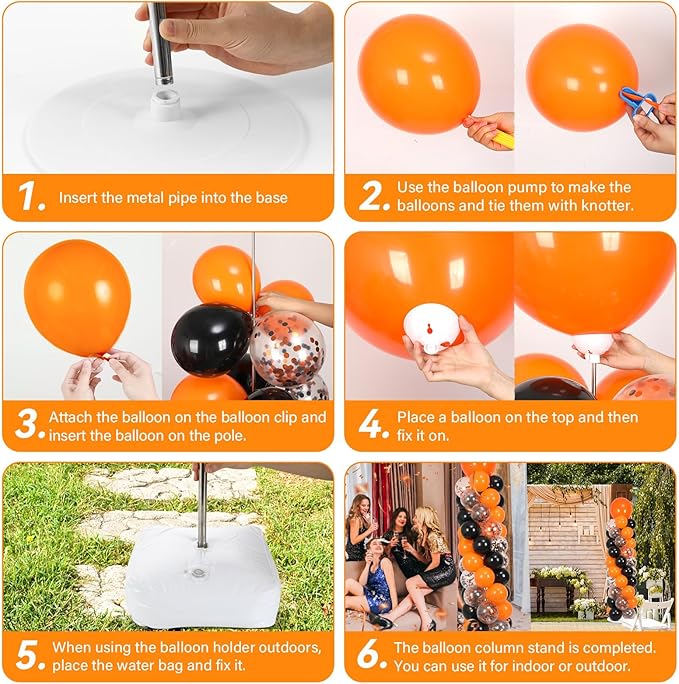 2 Sets Orange and Black Balloon Column Stand Kit with 100 Balloons Adjustable Balloon Tower Stand with Bases for Floor Black Orange Confetti Balloon Column Kit for Valentine Birthday Party Decor