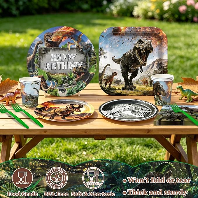 Dinosaur Birthday Party Decorations Dino World Birthday Decorations Tableware Set Include Plates,Napkins,Tablecloths,Balloon, Banner,Hanging Swirl,Honeycomb Centerpieces for Party Decor Serve 26