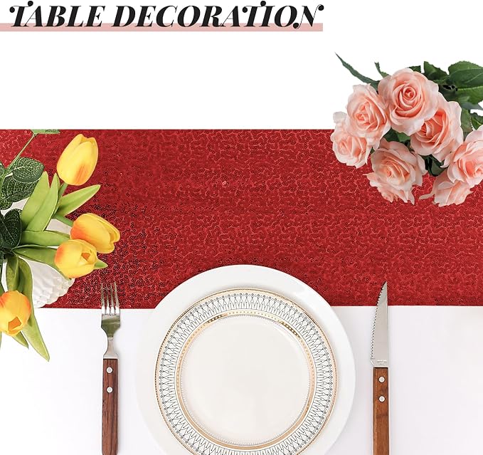 Sugargirl 10 Packs 12 x 72 inches Sequin Table Runner, Glitter Red Table Runner for Birthday Party Supplies Wedding Holiday Celebration Event Decorations