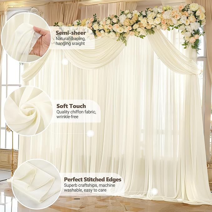 30ft x 10ft Ivory Backdrop Curtain Drapes, Wrinkle-Free Sheer Chiffon Fabric Photo Background Panels for Wedding Arch Party Ceremony Stage Photography Decorations