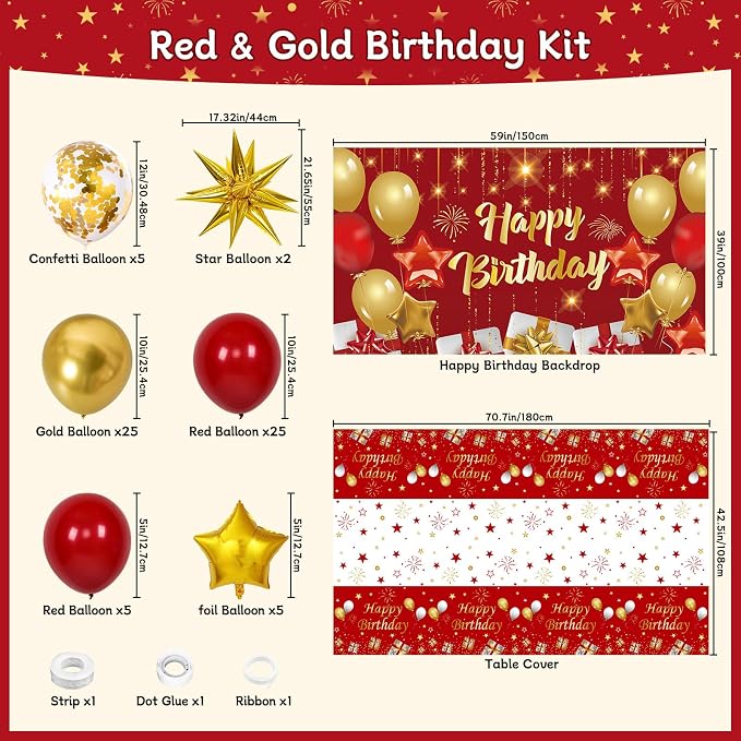 Red and Gold Birthday Decorations for Women Men Girls Boys, 72pcs Red and Gold Party Decorations Happy Birthday Backdrop Burgundy Confetti Star Balloon Arch Table Cloth Party Supplies