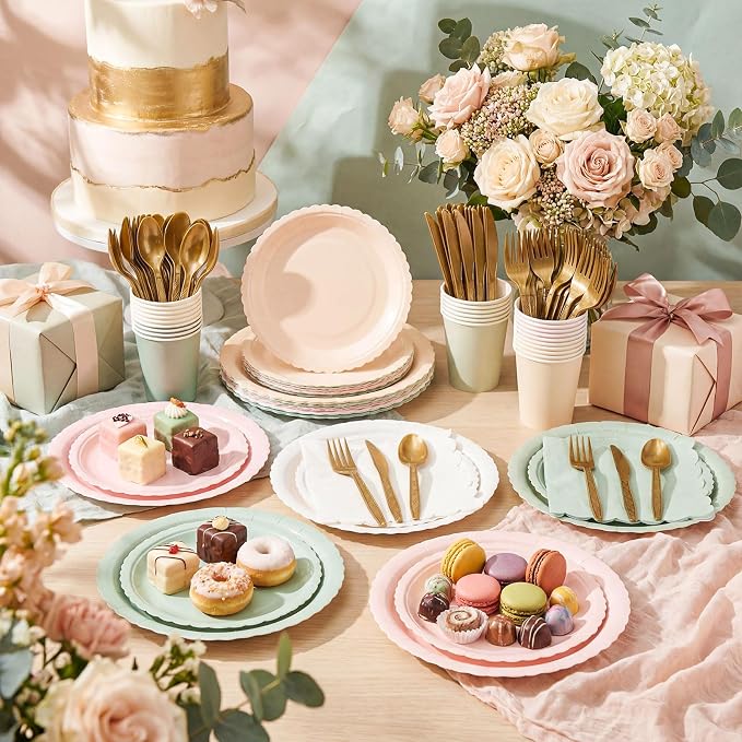 Zhehao 350 Pcs Sage and Pink Party Plates and Napkins Pink and Green Disposable Tableware Kit with Plates, Cups, Napkins, Cutlery for Baby Shower, Birthday, Wedding Party Supplies