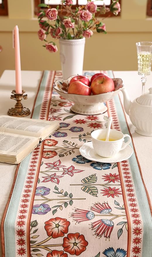 bilin gaier Floral Linen Long Table Runner,Wrinkle-Resistant Rustic Farmhouse Decor with Blue and Red Flower,Decorative Luxury Vintage Runner Table Cloth for Coffee & Dining Table,12"x71" - Lohi
