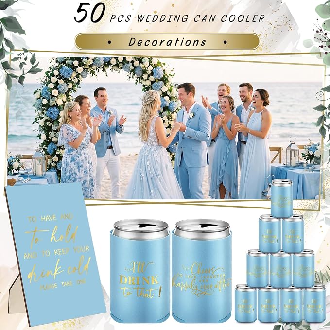 SiliFine 101 Pcs Blue Wedding Can Cooler Bulk Engagement Party Favors for 100 Guests Cheers to Love Laughter, and I'll Drink Can Cooler with Wooden Wedding Table Sign Bridal Shower Favor