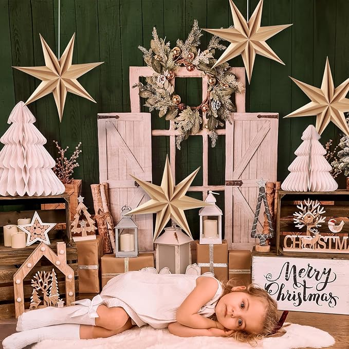 SUNBEAUTY 3 Pcs 7-Pointed Natural Paper Star Lanterns 12 Inch Christmas Hanging Lamp Rustic Paper Decorations Shade Wedding Birthday Christmas Home Party Decorations