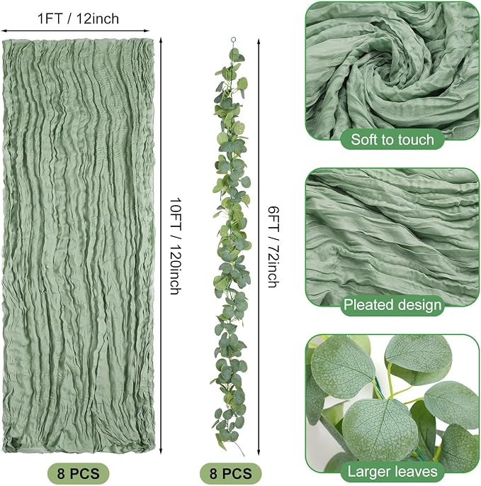 Leinuosen 8 Set 10 Ft Sage Green Cheesecloth Table Runner Wedding Decor with 6 Ft Eucalyptus Garland, Boho Gauze Table Centerpiece Runner for Wedding Baby Shower Birthday Party Decoration