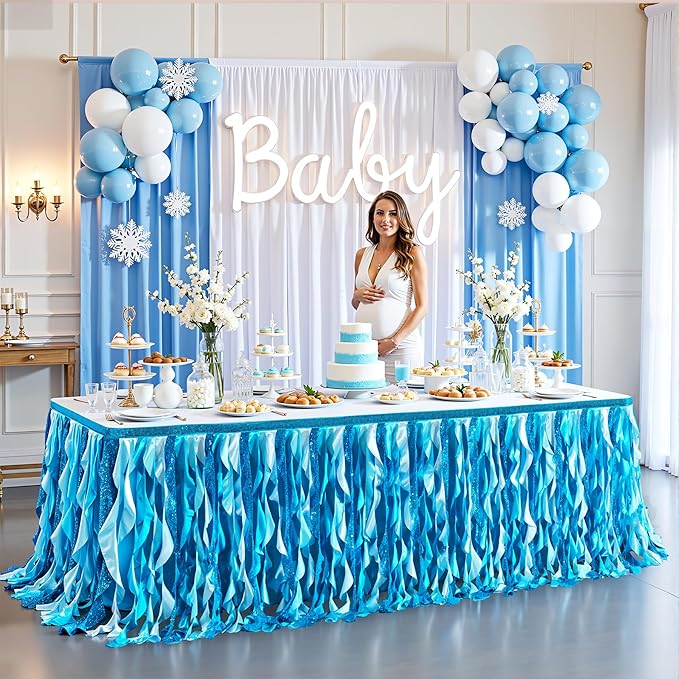 Wish Care 6ft Blue Sequin Table Skirt for Rectangle Tables Curly Willow Ocean Tutu Skirt Under The Sea Baby Shark Ruffle Table Cloth Desk Skirts for Birthday Baby Shower Theme Party Table Decorations