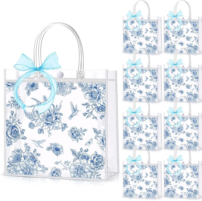 Hosuly 24 Pcs Blue Floral PVC Gift Bags with Bow Ribbon Clear Vintage Chinoiserie Flower Bags Blue Wildflower Goodie Handbags for Wedding Bridal Shower Birthday Party Supplies, 7.9 x 7.9 x 3.1 Inch