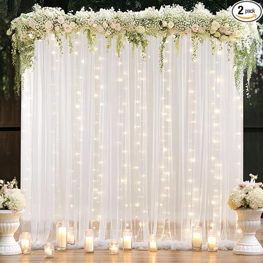 10×8ft White Tulle Curtain Backdrop with Lights String for Parites, Sheer Backdrop Curtain Drapes for Wedding Photo Baby Shower Photography Birthday Party